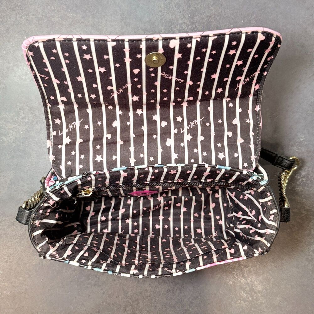 Love Betsey by Betsey Johnson Floral Stripe Crossbody Satchel Pink Chevon Handle - Picture 8 of 12